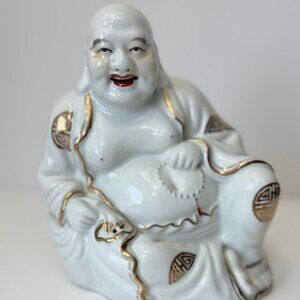 VTG 8" Chinese Glaze Porcelain Happy Laughing Maitreya Buddha Statue Red Gold